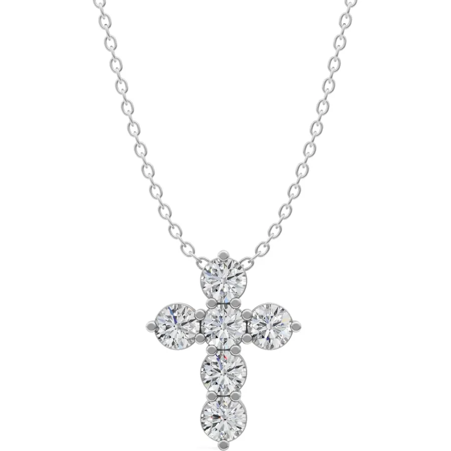 0.85-6 Carat 14K White and Yellow Gold Lab Grown Diamond Cross Pendant Necklace for Women and Men – Round Cut 6 Stone | D–E Color VVS–VS Clarity | 3 Prong Setting | Adjustable Chain