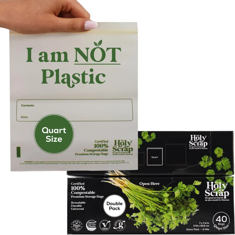 100% Compostable Food Storage Bags QUART Size - 80 Pack - Resealable Extra Strength Zip Seal Bags Made from Plants, Eco Friendly, Freezer Safe - BPI Certified, OK Compost Home