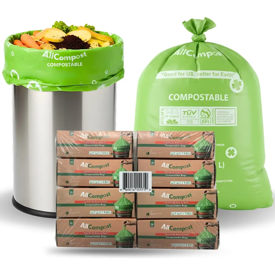 13 Gallon Compostable Trash Bags 200 Count (8 Packs of 25) –BPI & OK Compost HOME Certified Leak-Proof, Heavy Duty, Plant-Based