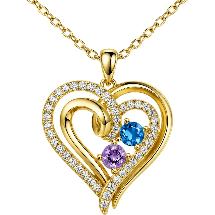 14K Gold Double Birthstone Necklace for Women Birthday Gifts for Wife