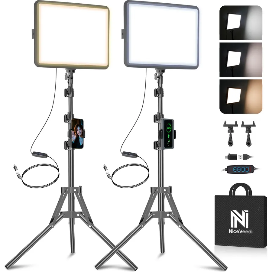 2-Pack LED Video Light Kit, NiceVeedi Studio Light, 2800-6500K Dimmable Photography Lighting Kit with Tripod Stand&Phone Holder, 73" Stream Light for Video Recording, Game Streaming, YouTube