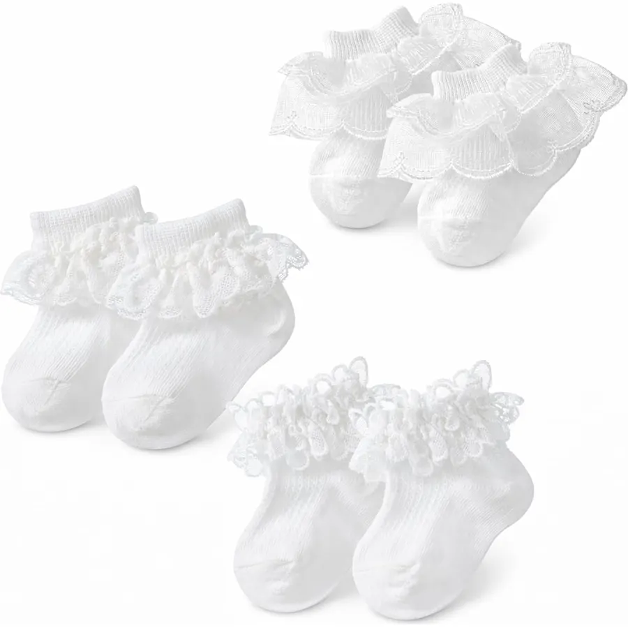 3 Pairs Baby Girl Ruffle Socks, White Double Lace Frilly Socks Cotton Dress Ankle Socks for Newborn Infant Toddler