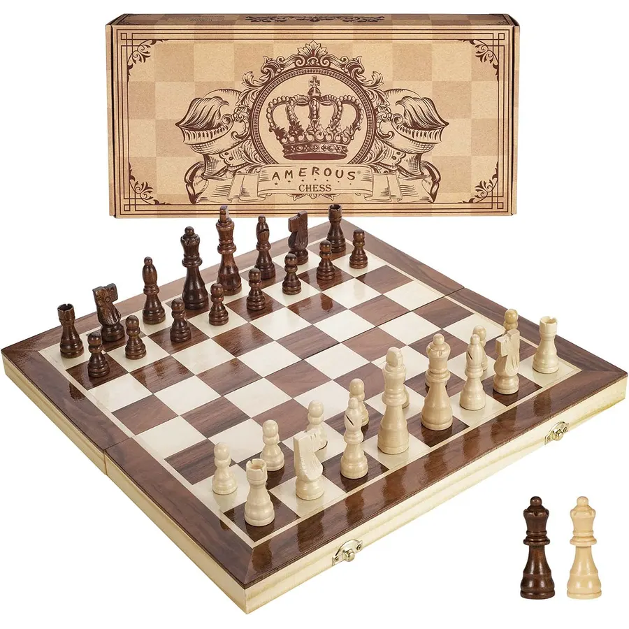 AMEROUS 15 Inches Magnetic Wooden Chess Set - 2 Extra Queens - Folding Board - Pieces Storage Slots, Handmade Portable Travel Chess Game - Beginner Chess Set for Kids, 6 up Age