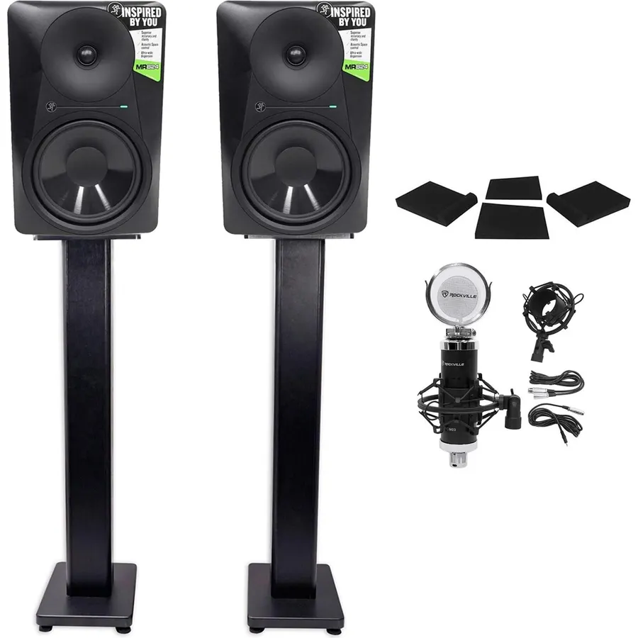 Audiosavings Bundle: (2) MR824 8 170W Powered Studio Monitors Bundle wtih (2) Rockville 36" Speaker Stands + RRS263M Foam Pads, 3 Angles + Condenser Microphone w/Metal Shock Mount (7 Items)