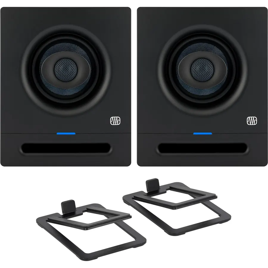 Audiosavings Bundle: (2) Eris Pro 4 Powered 4" Coaxial 2-Way Powered Studio Monitor Speaker Bundle with Pair Rockville SR3 Low Profile Speaker Riser Stands (3 Items)