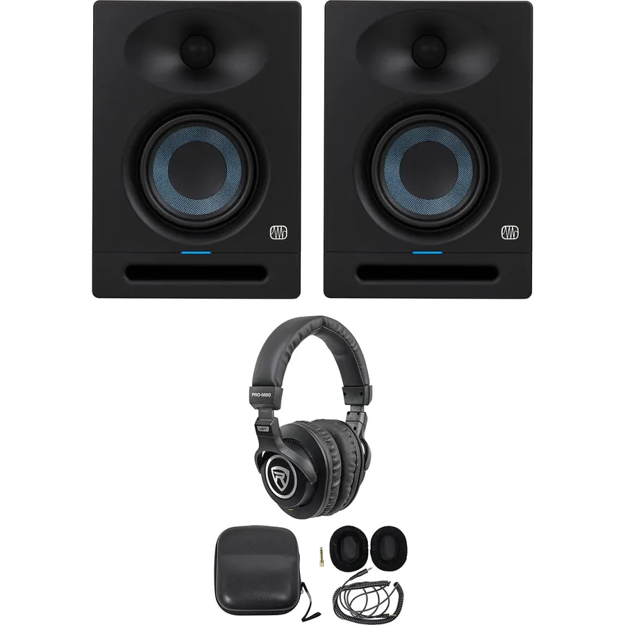 Audiosavings Bundle: (2) Presonus Eris Studio 5 Powered Active 5" Studio Monitor Speaker Bundle with (1) Rockville PRO-M50 Studio Headphones w/Detachable Coil Cable, Case+Extra Ear Pad (3 Items)