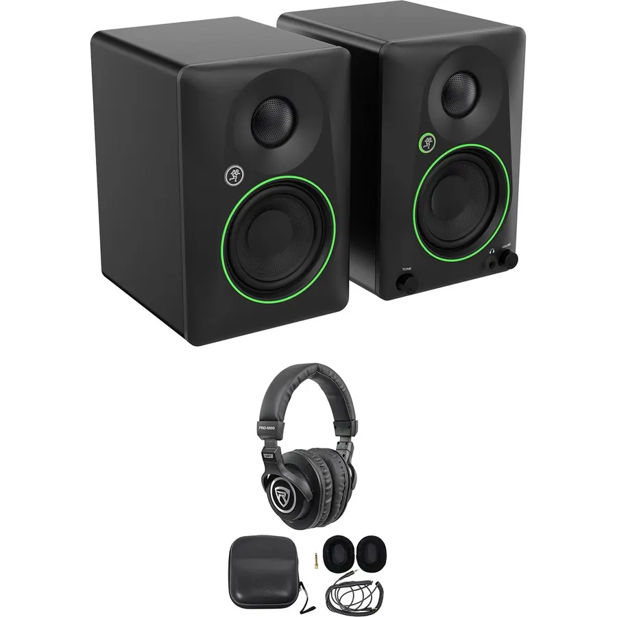 Audiosavings Bundle: Pair of Mackie CR3.5 3.5" Powered Studio Monitor Speakers with Tone Control Bundle with Rockville PRO-M50 Studio Headphones (2 Items)