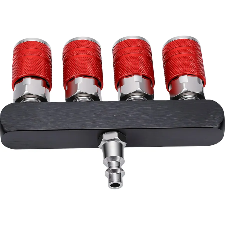 banapoy 4 Way Straight Air Manifold Splitter with 4 Couplers Red