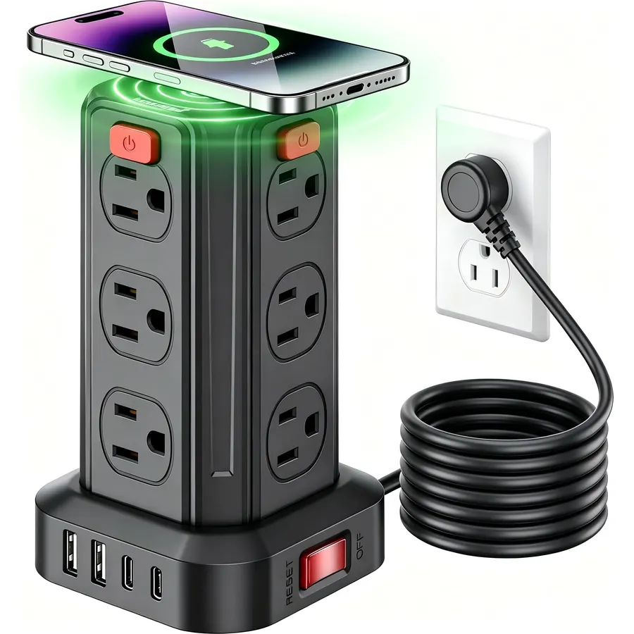 Black Power Strip, 6.5 Ft Extension Cord with 12 AC Multiple Outlets 4 USB (2 USB C), SMALLRT Power Strip Tower Desktop Charging Station
