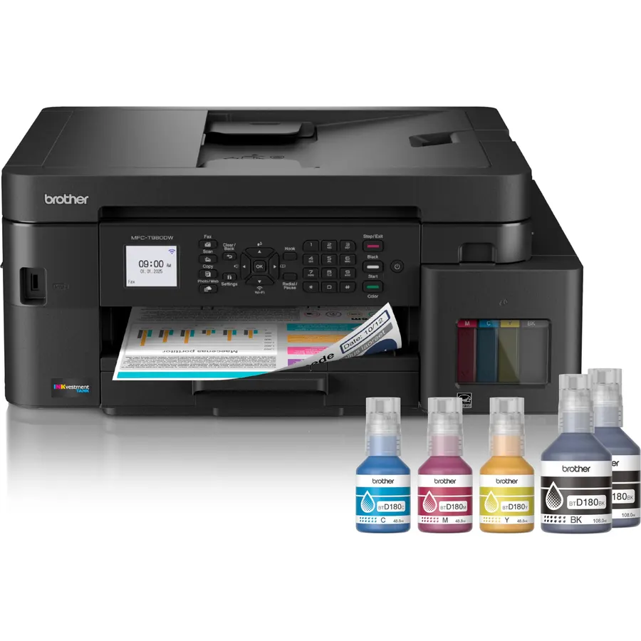 Brother INKvestment Tank 980 Wireless and Ethernet Color Inkjet All-in-One Printer with Multipurpose Tray | Includes up to 3 Years of Ink in-Box(1) and Limited Warranty(2) (MFC-T980DW)