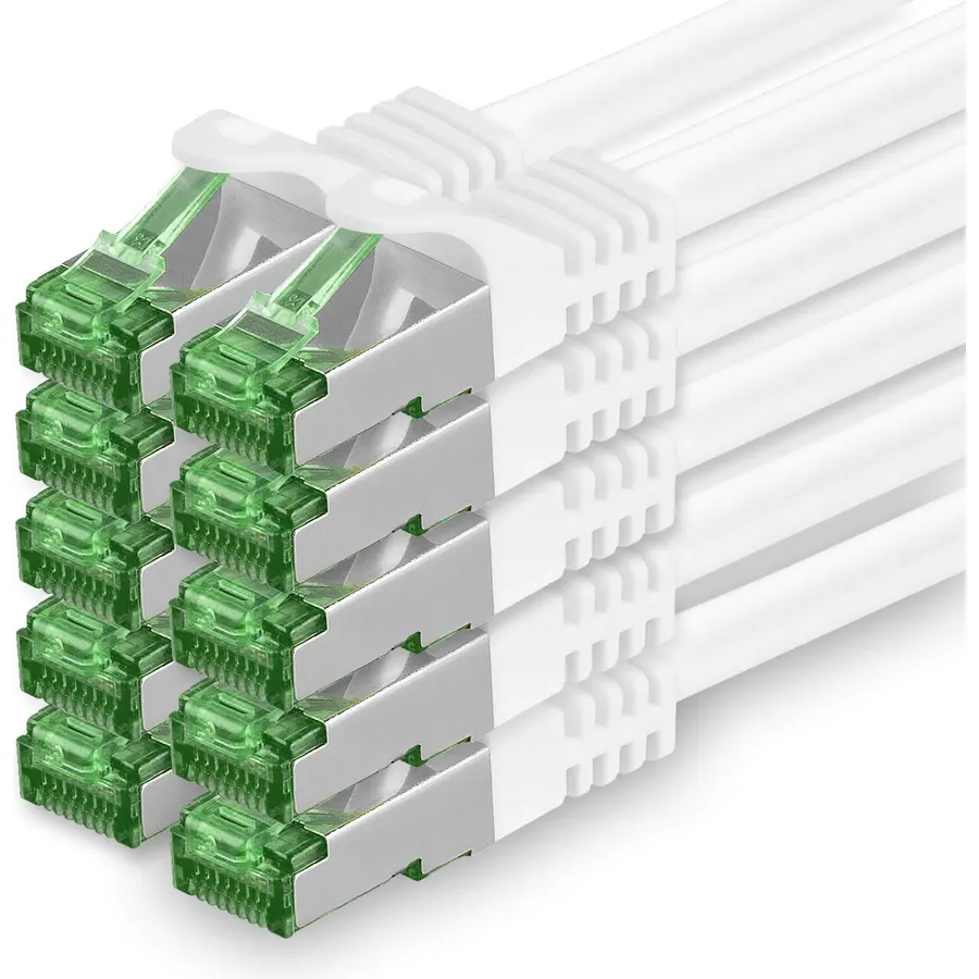 Cat.7 ethernet Cable 10m - White - 10 Pieces - Cat7 LAN Network 10GBASE-T - 10000 Mbps (Sftp Pimf) Double Shielded patchcable RJ45 Plug Cat.6a