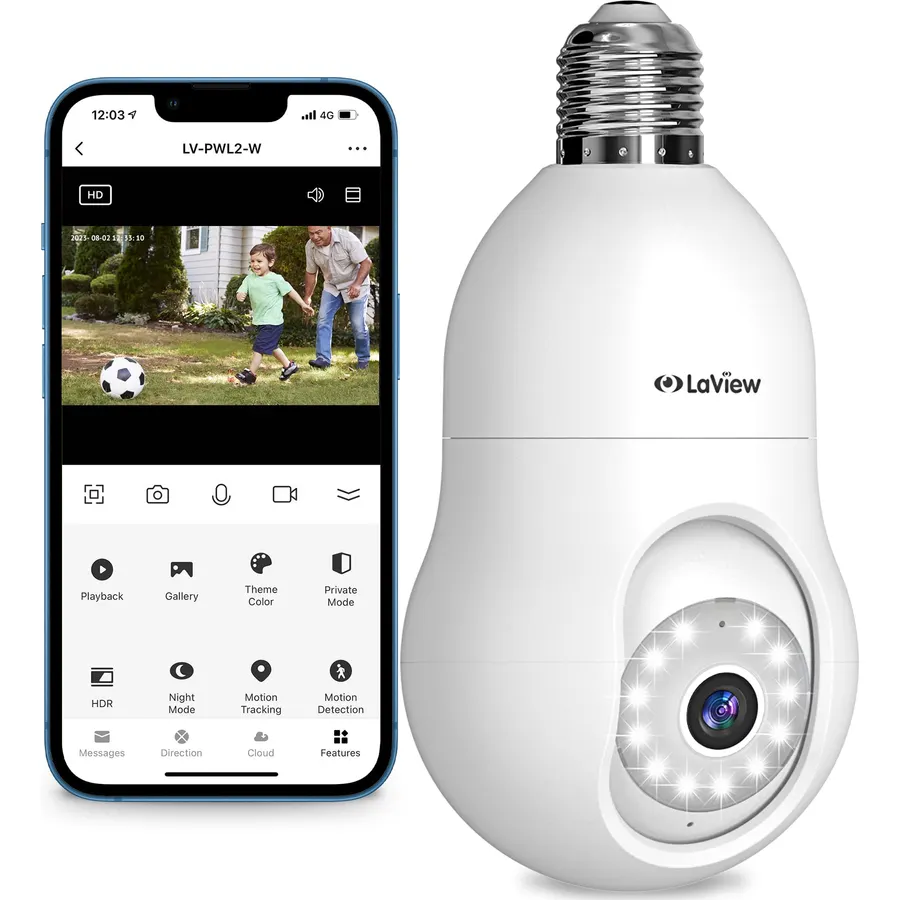 LaView 4MP Bulb Security Camera 2.4GHz,360° 2K Security Cameras Wireless Outdoor Indoor Full Color Day and Night, Motion Detection, Audible Alarm, Easy Installation, Compatible with Alexa (2 Pack)