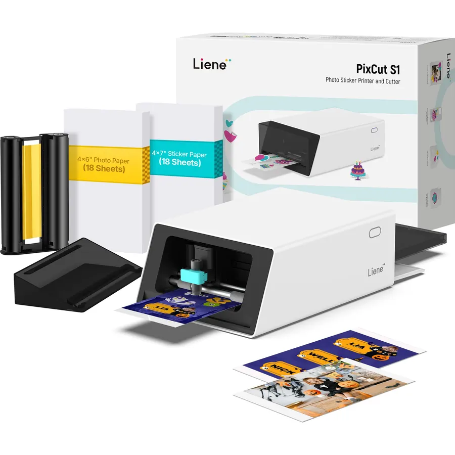 Liene PixCut S1 Color Sticker Printer & Cutting Machine - All-in-One Sticker Maker for DIY Crafts, Custom Labels & Gifts. Thermal Dye-Sublimation Photo Printer, 300 DPI, Precise AI Auto-Cutting