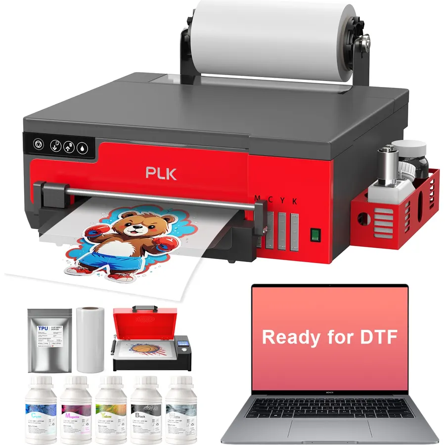 PLK A4 DTF Printer with Oven & Laptop, XP600 Printhead, 2X Faster VS L1800/L805, Semi-Auto Cleaning,White Ink Stirring, Apparel Printing, 2 Year Ink Included